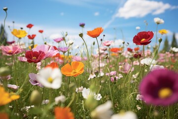  a field full of different colored flowers under a blue sky with a few clouds in the middle of the picture.