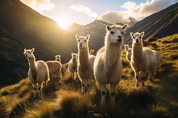 Fototapeta premium a herd of llama standing on top of a lush green hillside next to a mountain covered in snow capped mountains.