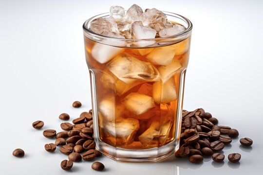  a glass of iced tea with ice cubes and coffee beans on a white surface with a spoon in front of it.