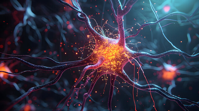 Neurological brain stem cells, firing neurons on dark background, nervous system illustration dementia alzheimer's