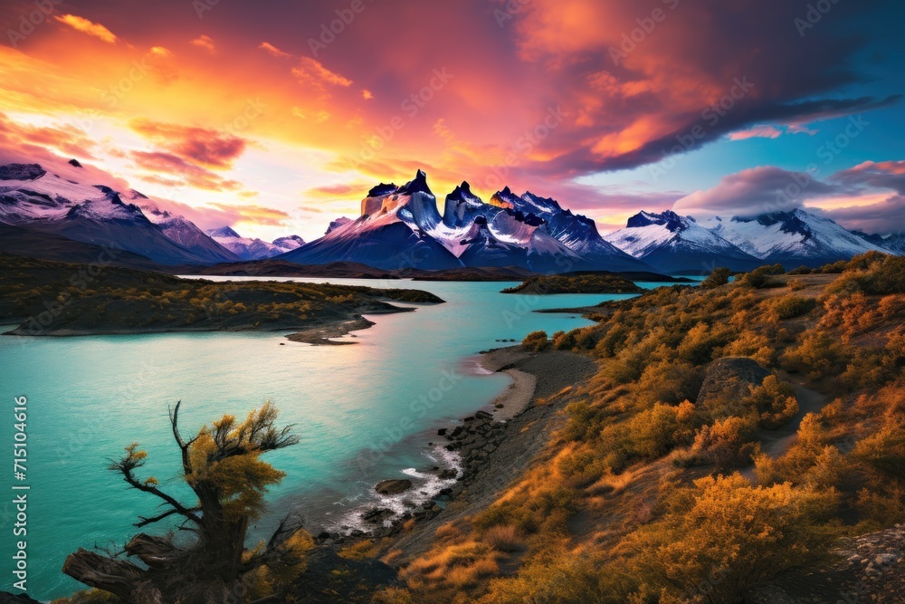 Poster a view of a mountain range with a lake in the foreground and a mountain range in the background at s