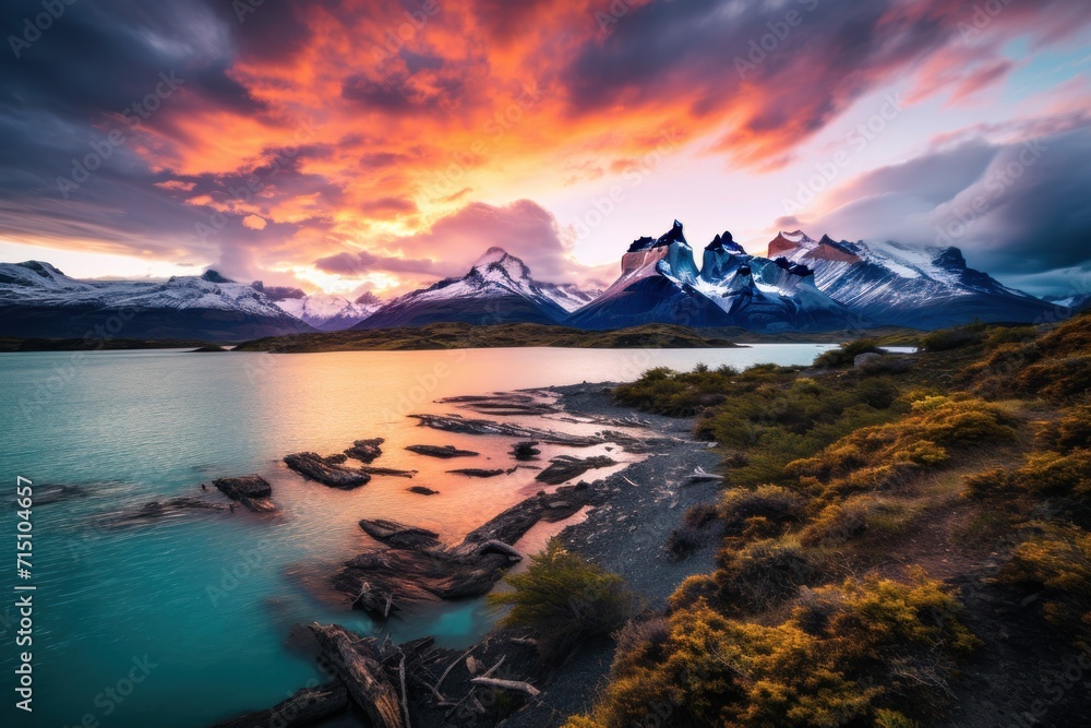 Poster  a large body of water with a mountain range in the background and a sunset in the foreground with clouds in the sky.