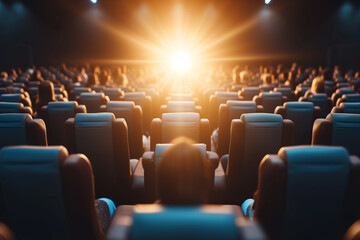 Premiere Ready: Modern Cinema Hall with Rows of Comfortable Blue Seats Awaiting an Audience, Illuminated by a Dramatic Sunset Glow for Film and Event Promotion - obrazy, fototapety, plakaty