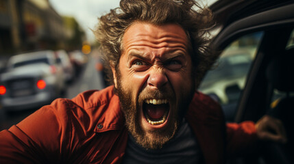 An angry man got out of a car during a traffic jam and shouted - obrazy, fototapety, plakaty