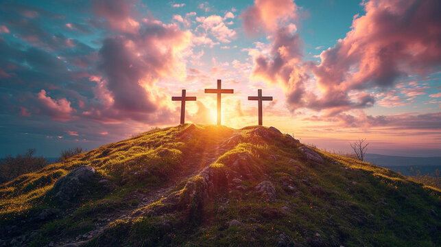 Mount Golgotha with three crosses on it