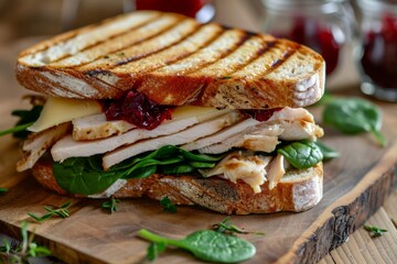 Delicious turkey sandwich with brie, spinach, and cranberry sauce
