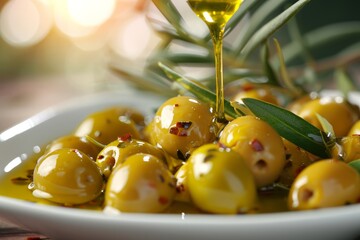 Fresh olives in oil, dynamic food photo - obrazy, fototapety, plakaty