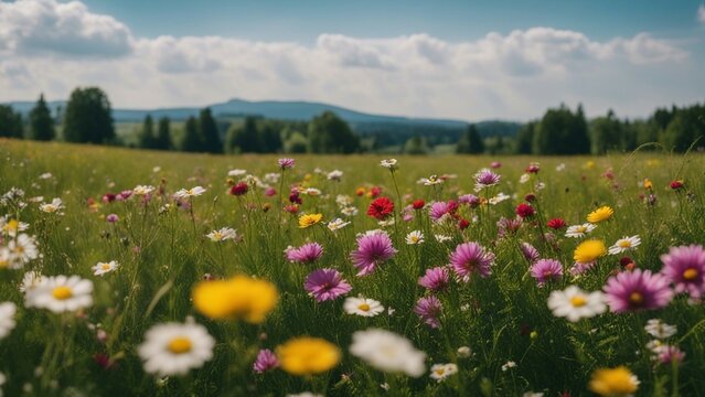 meadow with flowers a beautiful panorama of a flower meadow in summer. The image has a bright and colorful atmosphere,  