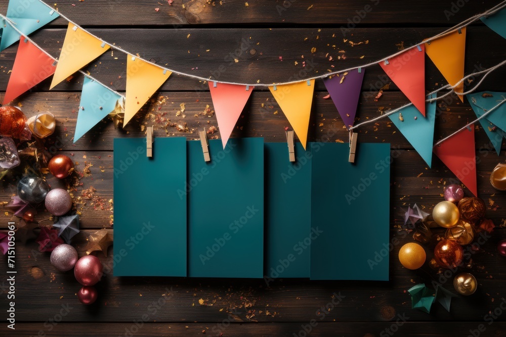 Poster a group of colorful flags hanging from a string on top of a wooden table with balloons and confetti.