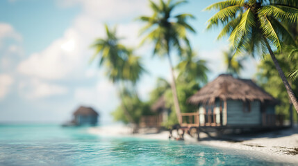 Private overwater villa in Maldives with a blurred island and palms, Secluded Overwater Villa with Blurry Tropical Island Backdrop