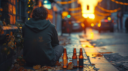 Depressed man drinking alcohol outdoors in the evening - obrazy, fototapety, plakaty