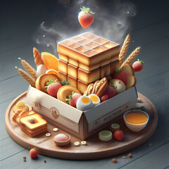 Delicious dessert box with waffles and fruits