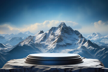 3d podium on top among the mountains. Podium, stage for product presentation. Generated by artificial intelligence - obrazy, fototapety, plakaty