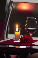 Romantic fine dining setting at sunset with a glass of red wine with red rose bud on napkin and lit candle on table for lovely valentines day anniversary special celebration concept background