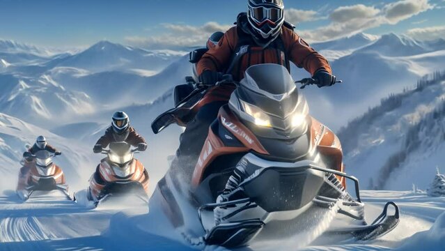 An exciting journey on snowmobiles among amazing snow-covered landscapes and bright winter sun