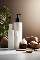 Set de cosmética y cuidado personal con botellas y dispensadores, eco. Estilo escandinavo ideal para publicidad y mockups
