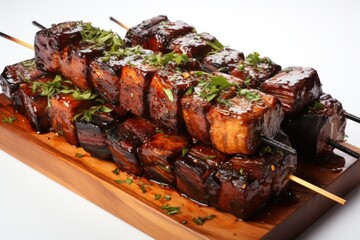  a close up of a plate of food with skewers of meat with sauce and garnishes.
