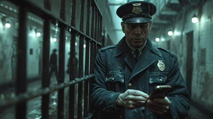A policeman holding a phone in a prison corridor - obrazy, fototapety, plakaty