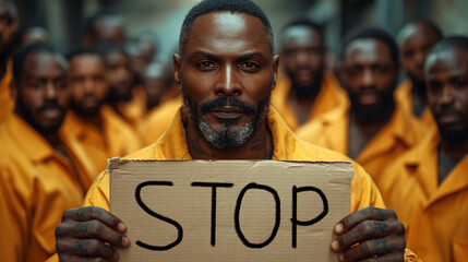 Prisoner holding cardboard with "stop" written on it, group of prisoners in background
