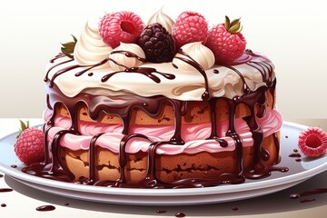  a cake on a plate with raspberries and chocolate drizzled on the top of the cake.