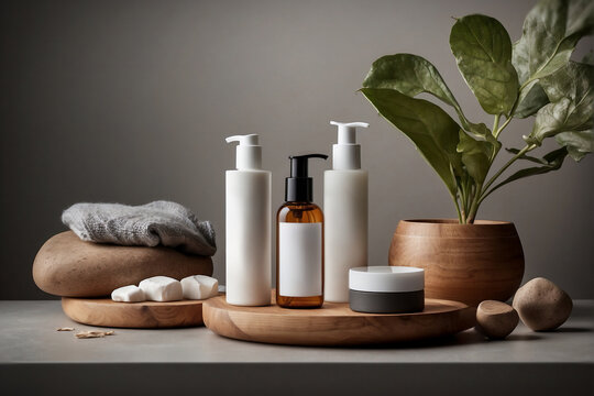 Set de higiene personal en est&eacute;tica spa con botellas y accesorios de madera ideal para mockups