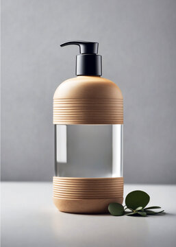 Dispensador eco-friendly en cristal y madera ideal para publicidad y mockups.