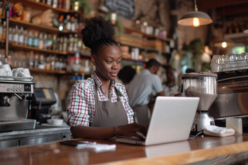Young black woman owner of small business working on laptop in her coffee shop. Female using computer to make order for her cafe - obrazy, fototapety, plakaty