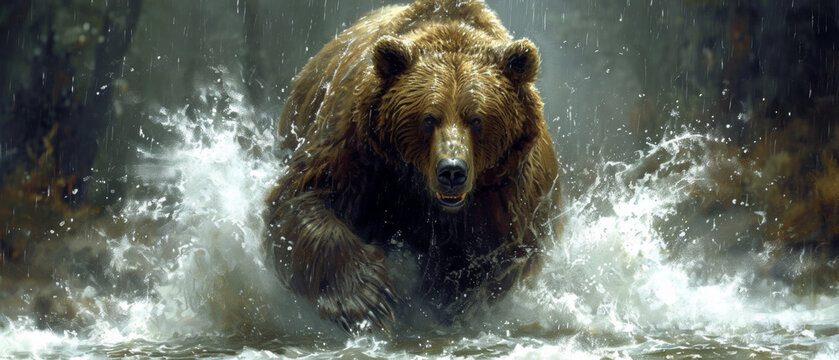 The grizzly bear in nature. Ursus arctos horribilis. Naturalistic illustration. Wildlife in its natural habitat.