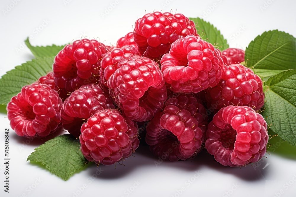 Poster a pile of raspberries with green leaves on a white surface with a light reflection on the bottom of 