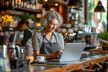 Middle aged woman small business owner working with laptop computer behind the counter bar in a cafe making order - obrazy, fototapety, plakaty