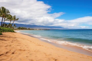  a sandy beach next to the ocean with palm trees in the foreground and a blue sky with clouds in the background.