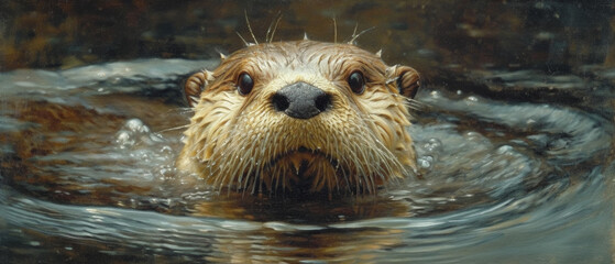 The otter in nature. Lutra lutra. Naturalistic illustration. Wildlife in its natural habitat.