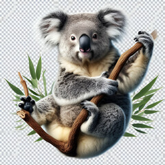 Cute Cuddly Curious Isolated Portrait of Exotic Wild Australian Native Mother Koala Bear, Phascolarctos cinereus Animal Sitting on a Eucalyptus Tree Branch Outdoor Wildlife with Transparent Background