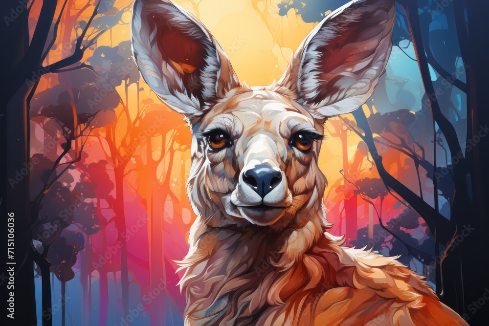 Aufkleber a painting of a kangaroo in a forest with trees in the background and a full moon in the sky in the 