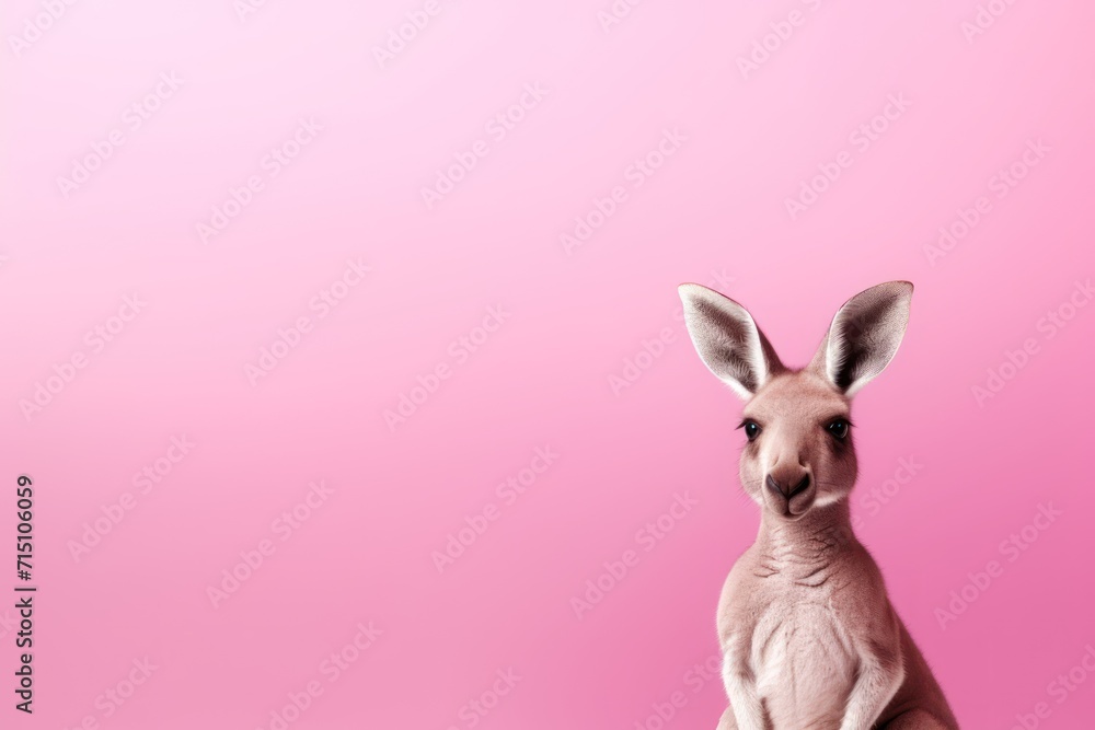 Poster a close up of a kangaroo on a pink background with a blurry image of a kangaroo in the background.