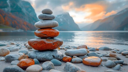 zen stones on the beach. stack of rocks on the beach by a mountain lake - obrazy, fototapety, plakaty