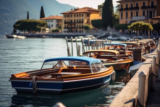  a row of boats sitting on top of a body of water next to a shore covered in buildings and trees.