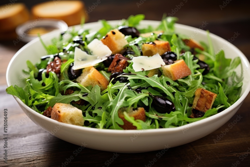 Poster a close up of a salad in a bowl on a table with bread and a glass of wine in the background.