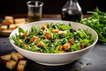  a close up of a salad in a bowl on a table with bread and a glass of wine in the background.