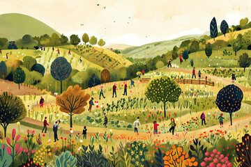 A vibrant painting of nature's beauty, with a group of wanderers admiring the colorful trees and flowers in the peaceful outdoor field under the vast sky