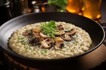  a close up of a plate of food with rice and mushrooms on a table with a glass of beer in the background.