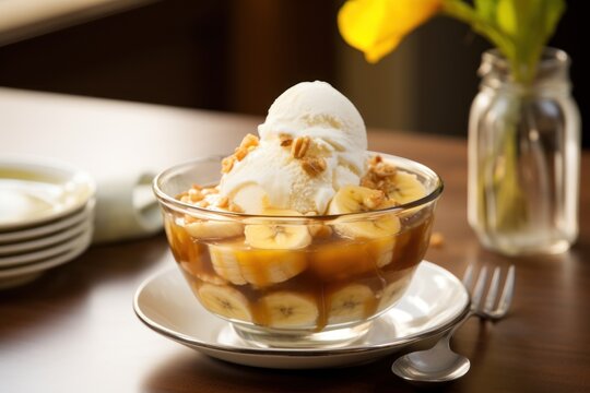  a bowl of bananas and ice cream on a plate with a fork and a vase of flowers in the background.