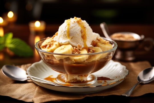  a bowl of ice cream with bananas and walnuts on a plate with spoons and a candle in the background.