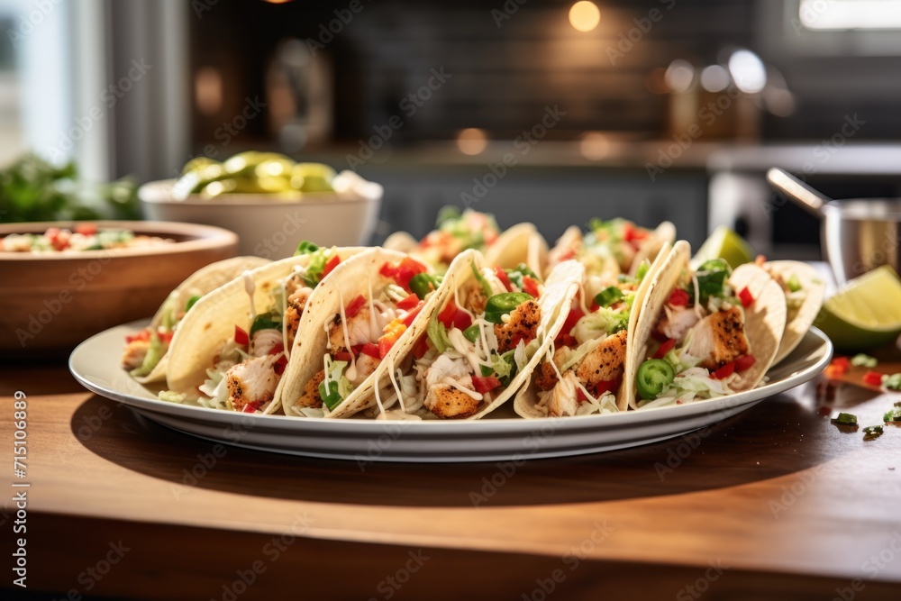 Poster a close up of a plate of tacos on a table with a bowl of salsa and limes in the background.