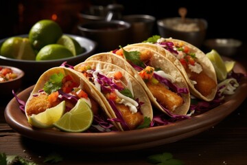  a plate of fish tacos with cole slaw, limes, and lime wedges on the side.