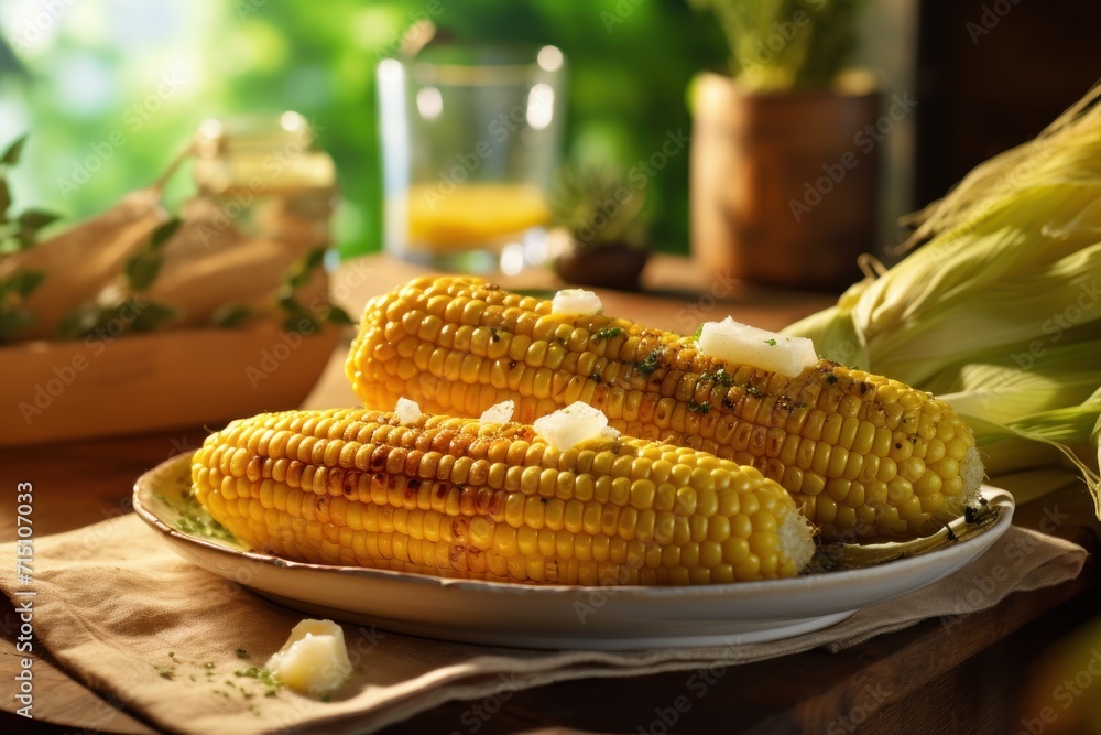 Poster  a plate of corn on the cob with butter on the cob and butter on the cob on the side.
