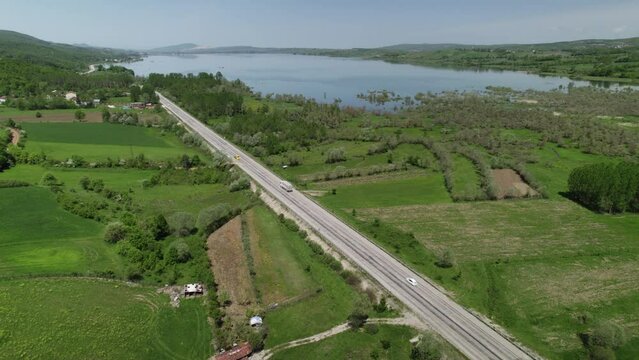The lake and the highway passing by, Ladik Lake Samsun Turkey