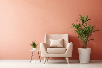 Fototapeta na wymiar Modern Living Room, Minimalist Interior Design with Coral Lounge Chair, Potted Plant, and Beige Wall Copy Space