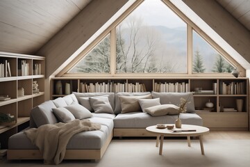 Modern Living Room in Attic, Corner Sofa Against Shelving Unit, Scandinavian Home Interior Design in Farmhouse