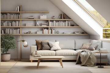 Modern Living Room in Attic, Scandinavian Home Interior Design with Corner Sofa and Farmhouse Shelving Unit